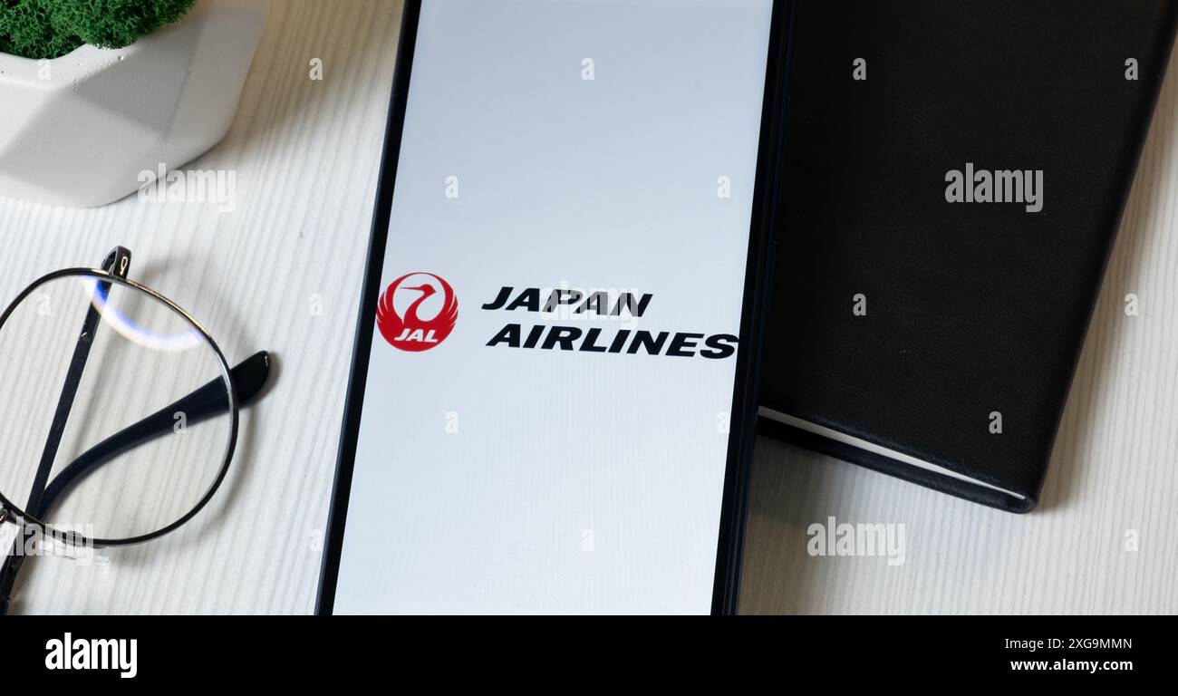 New York, USA - 1° giugno 2024: Logo Japan Airlines sulla schermata del telefono, icona JAL Company. Foto Stock