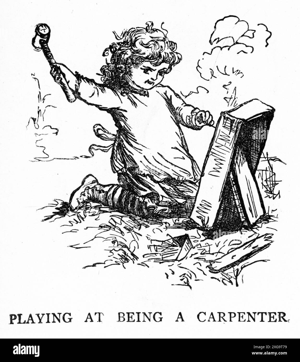 Incisione di un bambino che gioca come falegname, circa 1880 Foto Stock
