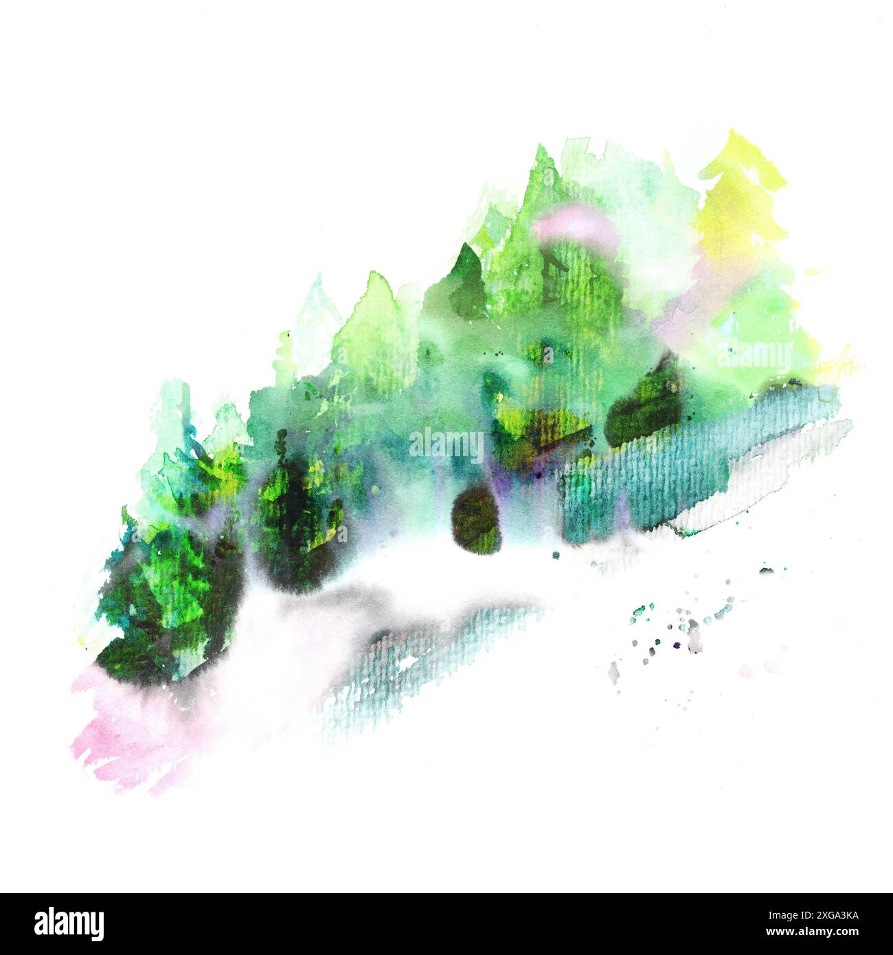 Un disegno ad acquerello di una foresta, un paesaggio astratto su uno sfondo bianco con spazio di copia Foto Stock