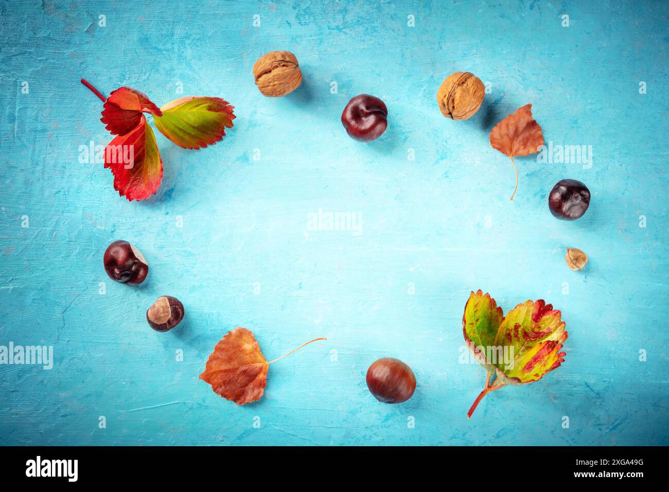 Sfondo autunnale con foglie e castagne vivaci, foto in orizzontale su blu con un posto per il testo, un modello di design per un banner o. Foto Stock