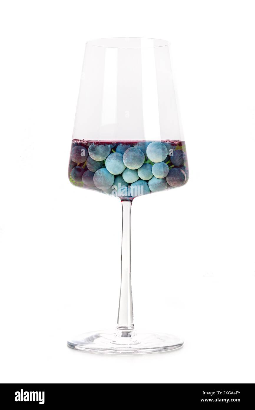 Concetto di vino. Vigneto in collage di vetro, isolato su sfondo bianco. Uva da vino rosso, viola, in un vitigno alla moda Foto Stock