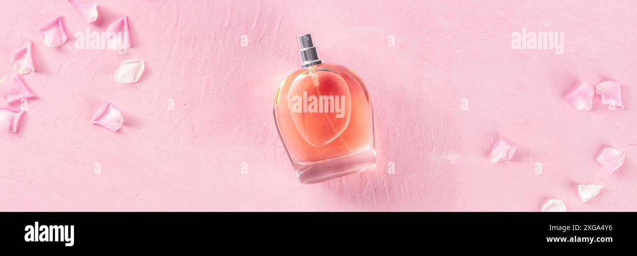 Panorama fragranza rosa con petali di fiori freschi, top shot su sfondo rosa, banner panoramico minimalista per un prodotto profumato di lusso Foto Stock