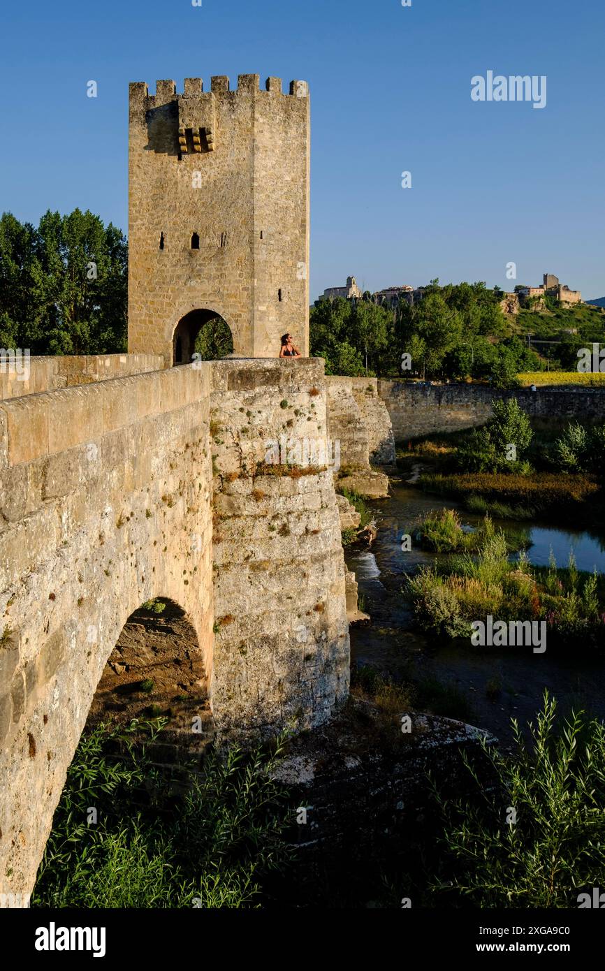 Ponte medievale di Frias, di origine romanica, sul fiume Ebro, Comunità autonoma di Castilla y Leon, Spagna Foto Stock