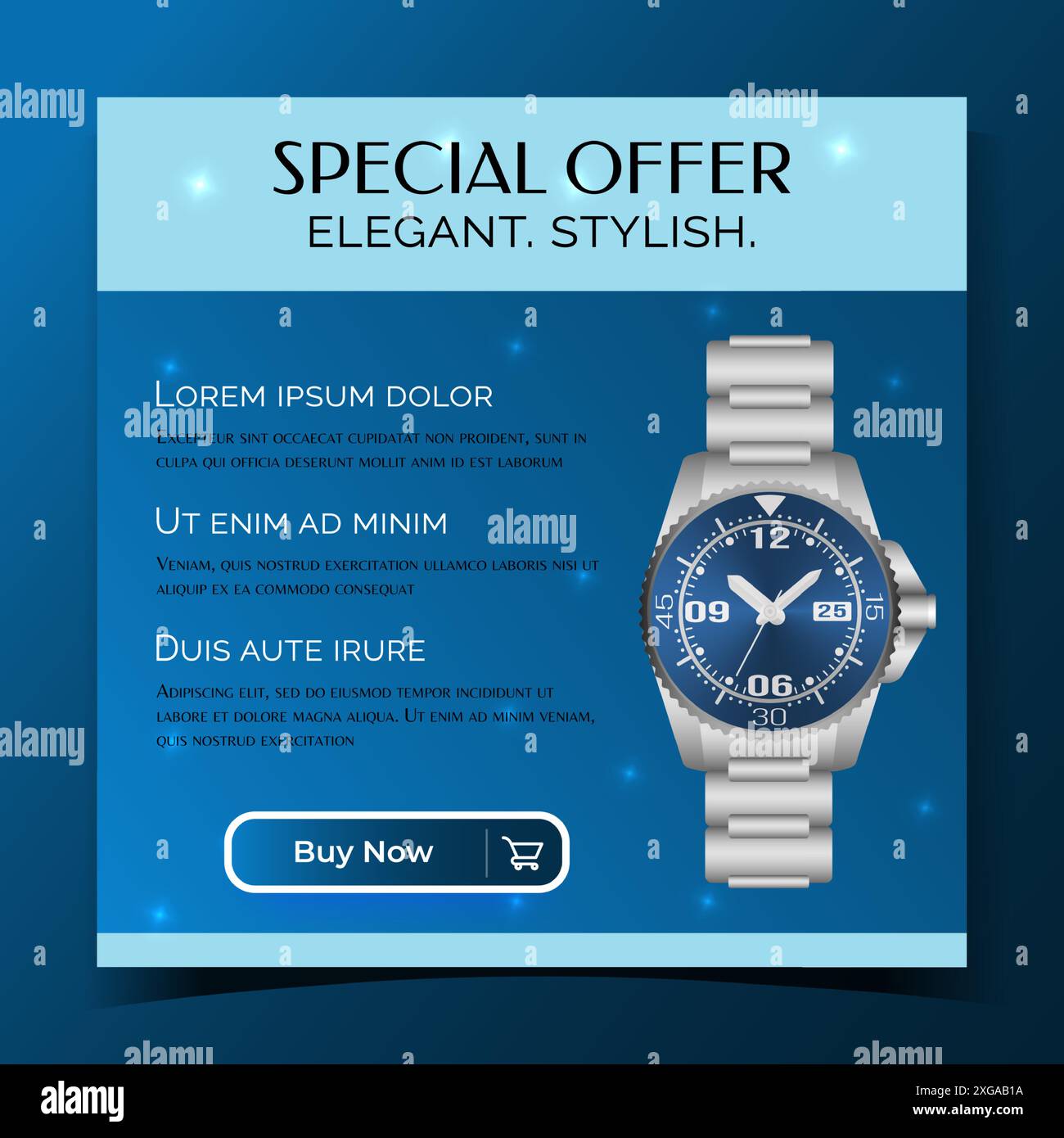 Banner per l'annuncio da polso. Orologio da polso argento. Pubblicità di orologi di lusso. Metallo gioiello. Shopping online. Acquista promozione. Cronometro Premium. Orologio classico. Accessorio ora. Background di marketing vettoriale Illustrazione Vettoriale