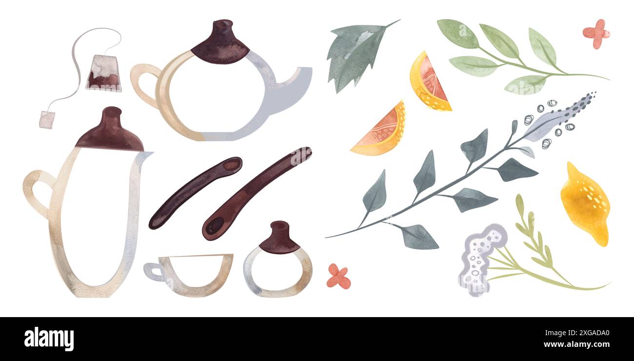 Preparare il tè alle erbe. Vetreria trasparente vuota con decorazioni in legno marrone scuro in stile sketch: Teiera, tazza, brocca limonata, ciotola per zucchero, cucchiai. A. Foto Stock