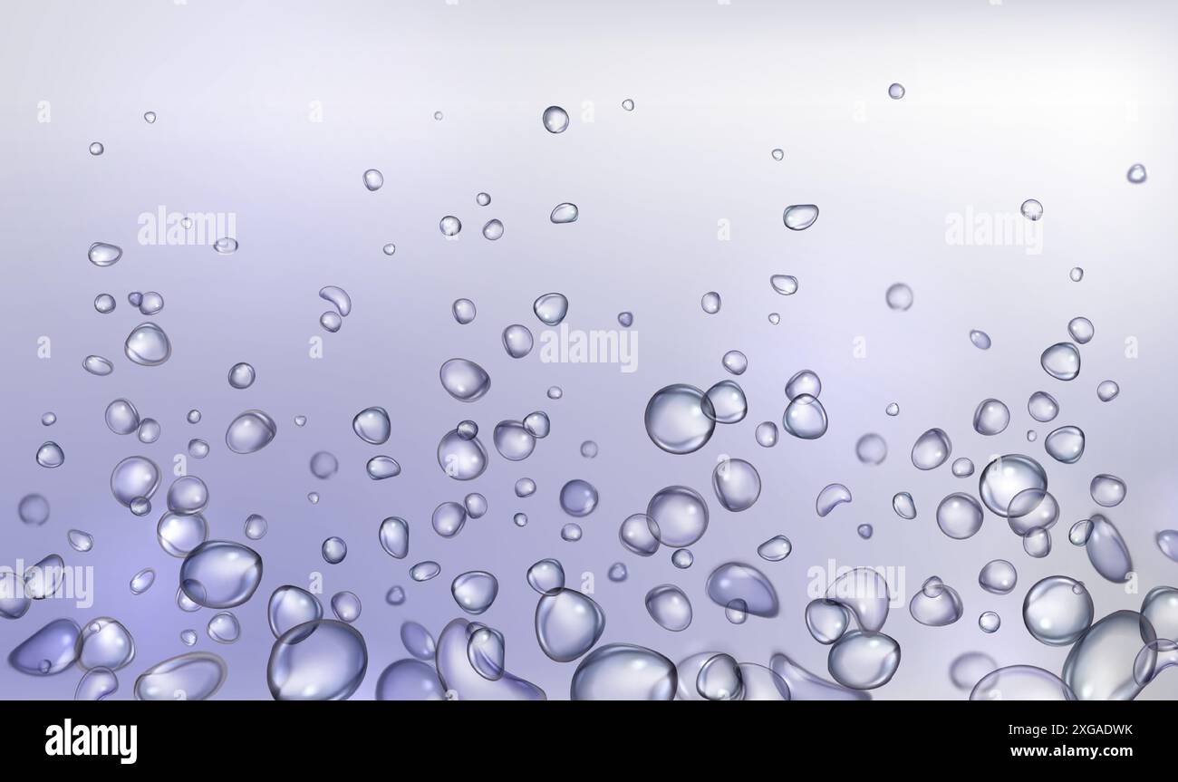 Sfondo di bolle frizzanti sott'acqua. Illustrazione vettoriale realistica dell'effetto effetto Air Fizz in acqua trasparente, bibite gassate frizzanti, spruzzi di liquidi effervescenti, design a gocce d'acqua profonde Illustrazione Vettoriale