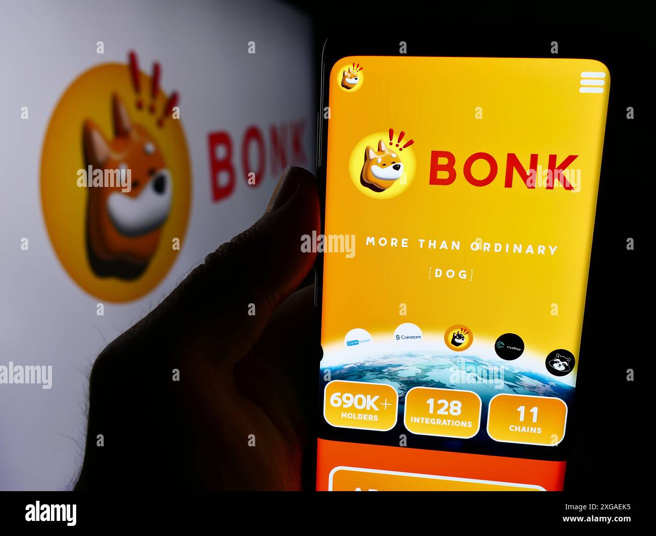 Persona che detiene un telefono cellulare con il sito web della compagnia di monete per cani Bonk Inu davanti al logo aziendale. Messa a fuoco al centro del display del telefono. Foto Stock