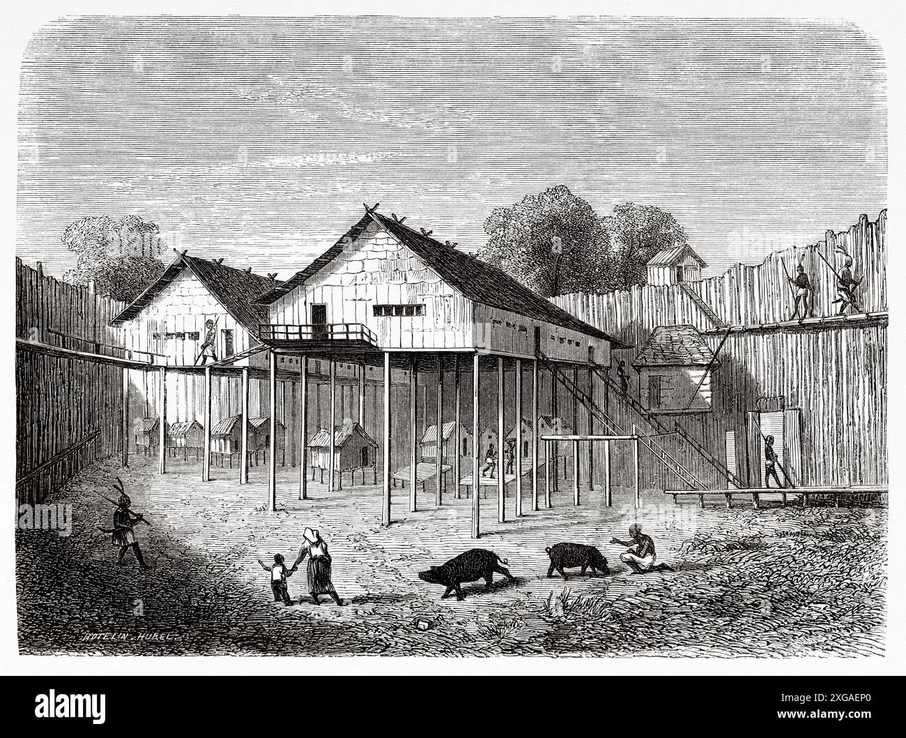 Dayak Kampong Village, Borneo Island, Malaysia, disegno di Louis Francais (1814-1897) viaggio all'isola del Borneo, 1847 di Carl Schwaner (1817-1851) le Tour du Monde 1862 Foto Stock