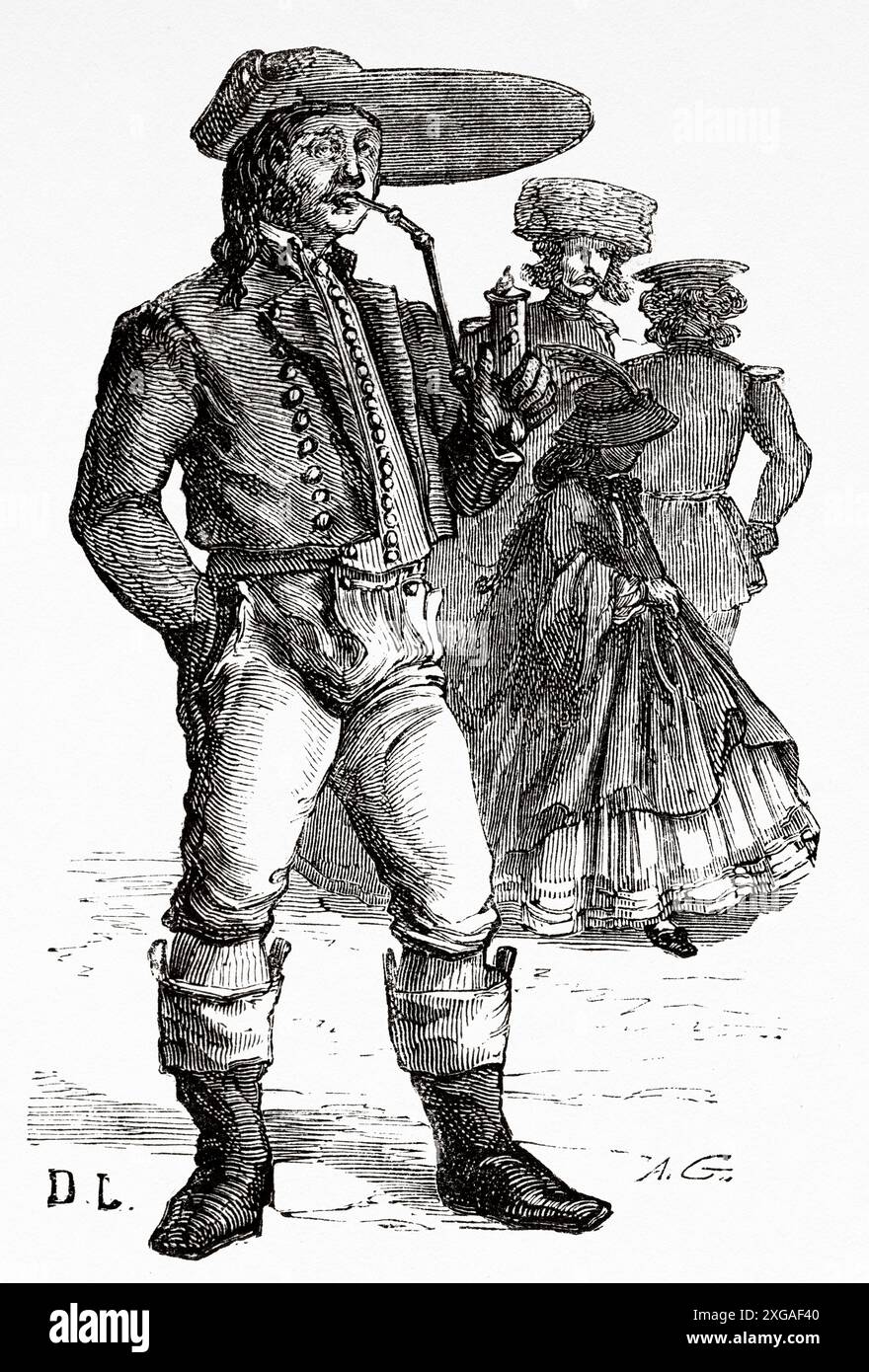 Contadino di Baden-Wurtemberg vestito in costume tradizionale fumando una tradizionale pipa di tabacco, Germania. Disegno di Dieudonne Lancelot (1823 - 1895) viaggio da Parigi a Bucarest 1860, di Victor Duruy (1811 - 1894) le Tour du Monde 1862 Foto Stock