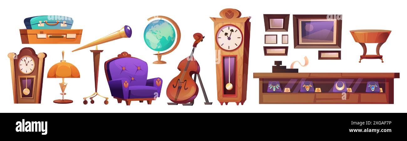 Mobili ed elementi di antiquariato. Oggetti usati vintage per il mercato delle pulci o il negozio di pegni - orologio da pavimento e poltrona, vetrina con gioielli e bancomat, telescopio e globo, lampada e valigia. Illustrazione Vettoriale