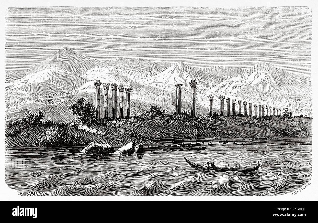 Rovine delle rovine Graeco-romane antica città di soli Pompeipolis nel distretto di Mezitli nella provincia meridionale di Mersin. Turchia, disegno di Eugene Grandsire (1825 - 1905) viaggio in Cilicia e le montagne del Tauro, 1852-1853 di Victor Langlois (1829 - 1869) le Tour du Monde 1862 Foto Stock