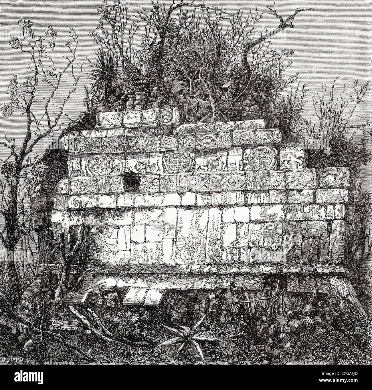 Bassorilievi delle Tigers, campo da baseball a Chichen Itza, penisola dello Yucatan messicano. Messico, disegno di Jacques Guiaud (1811-1876) viaggio in Messico, 1854-1855 di Ernest Vigneaux. Le Tour du Monde 1862 Foto Stock
