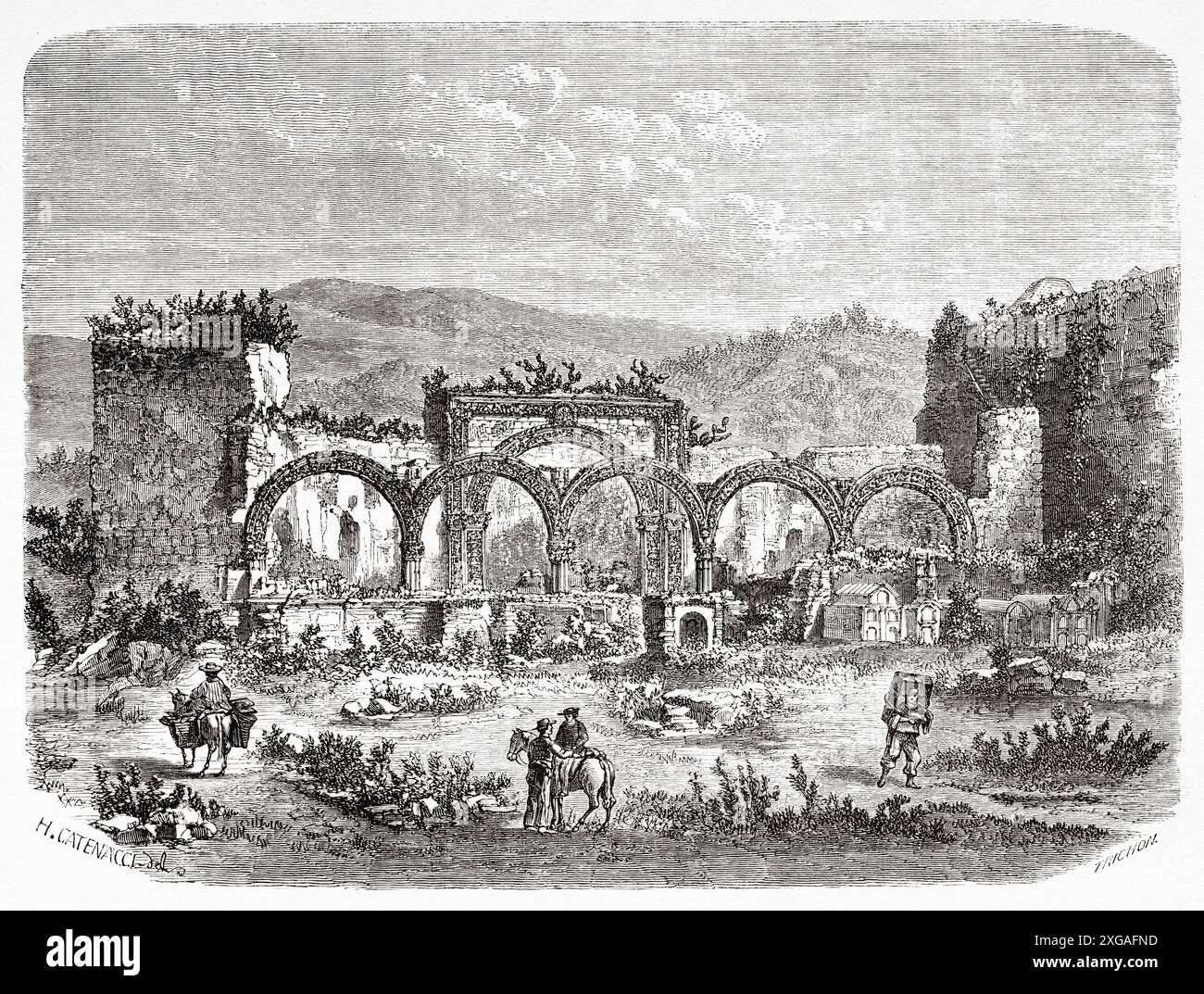 Rovine di Tlalmanalco de Velázquez. Rovine della chiesa francescana churrigueresca e del convento di San Luis Obispo in Messico, su disegno di Enrico Catenacci. Viaggia in Messico, 1854-1855 con Ernest Vigneaux. Le Tour du Monde 1862 Foto Stock