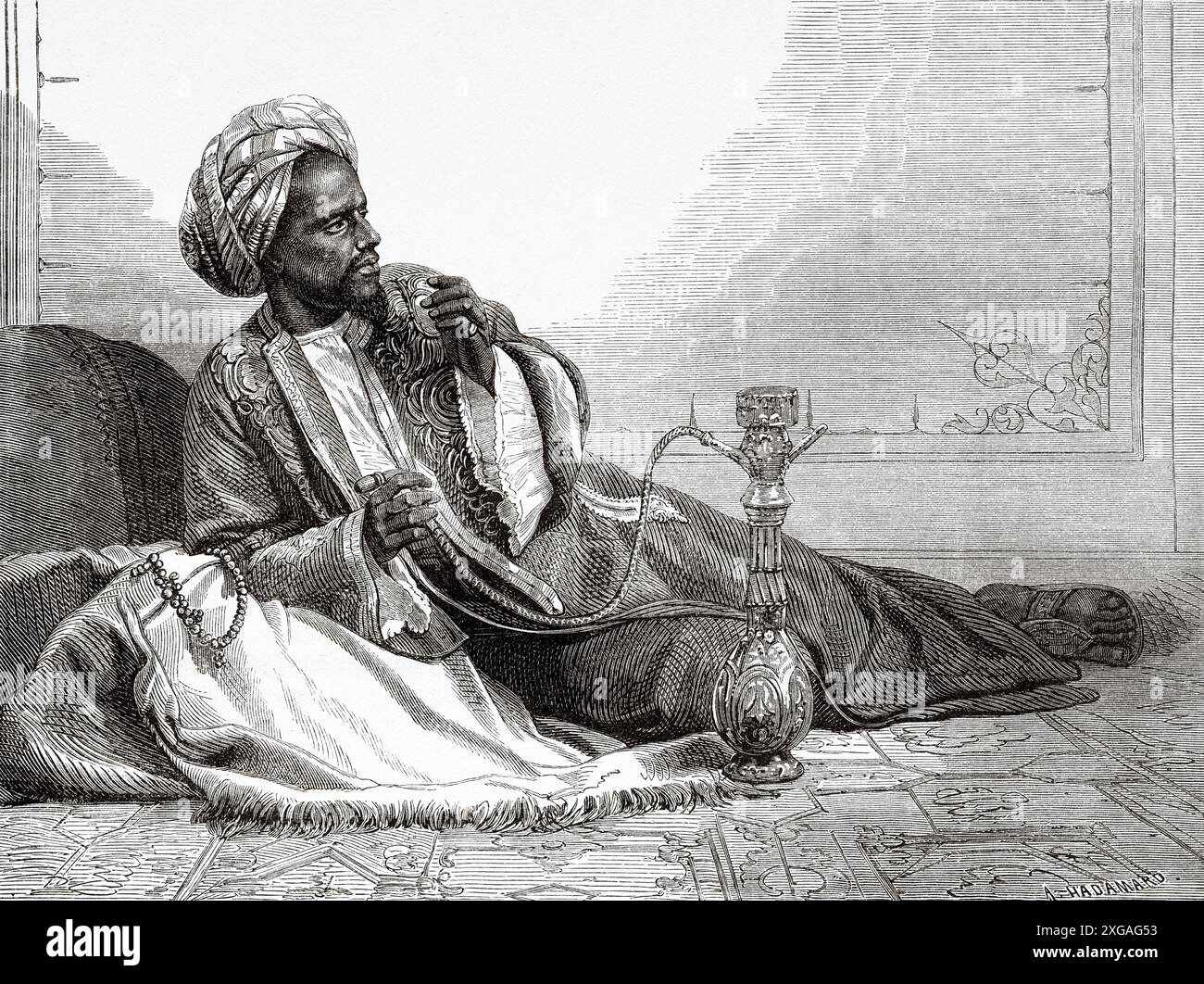 Interprete yemenita noto come Ismael che fuma una pipa di Hookah, Yemen, Medio Oriente, disegno di Auguste Hadamard (1823-1886) viaggio di Henri Lambert. Le Tour du Monde 1862 Foto Stock