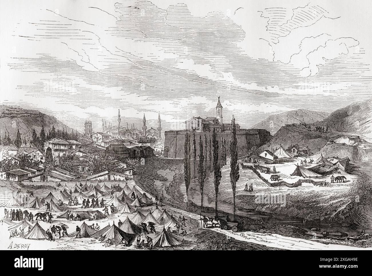 Una vista di Niš o Nish, Serbia, durante la guerra russo-turca (1877-1878). La città fu liberata dai russi nel 1878. Da Russes et Turcs: La Guerre D'Orient, pubblicato nel 1878. Foto Stock