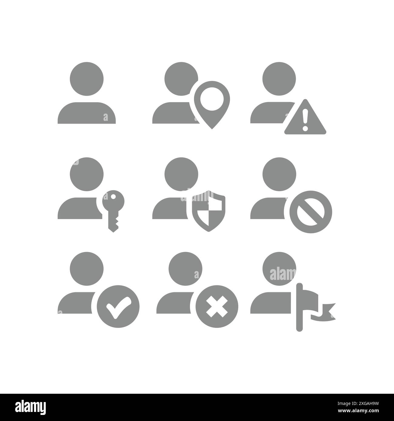 Set di icone vettoriali account utente. Icone di eliminazione, protezione e avvertenza dell'account. Illustrazione Vettoriale