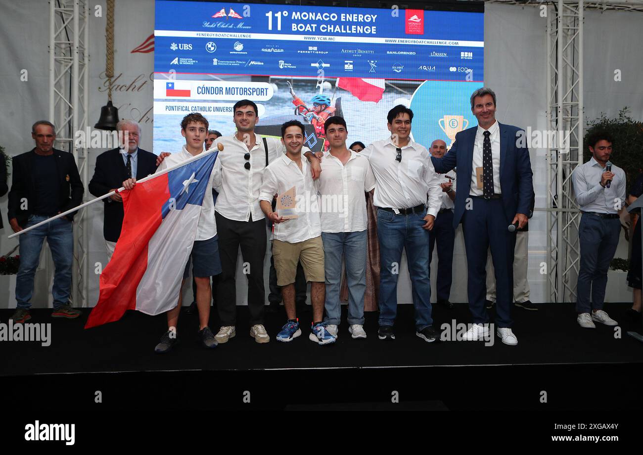 Il team dell'Università del Cile si rallegra durante l'11° Monaco Energy Boat Challenge nel Principato di Monaco - sabato 6 luglio 2024. Cronaca . (Foto di Tano Pecoraro/Lapresse) Foto Stock