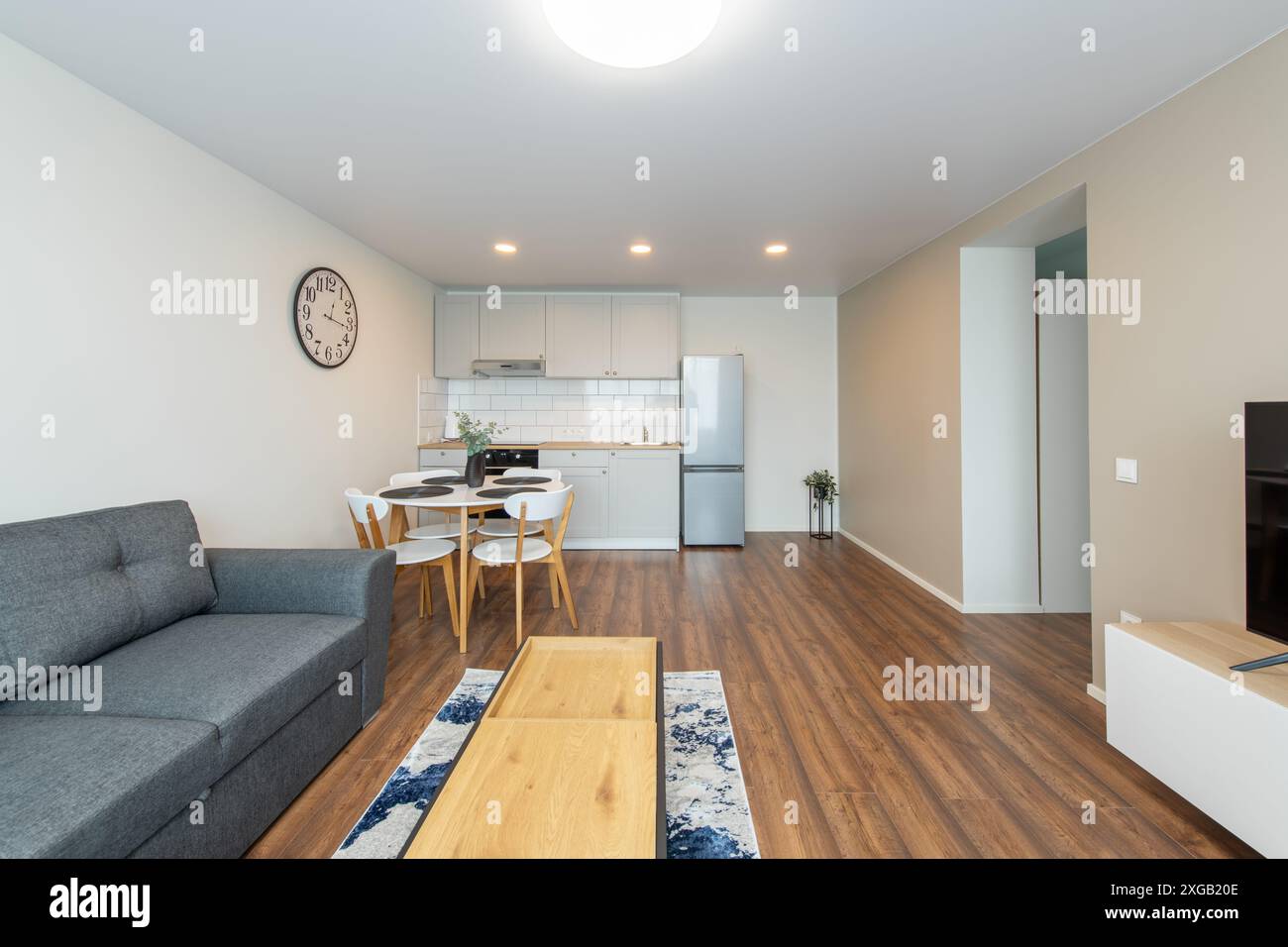 Moderno soggiorno e cucina interna. Lussuoso ed elegante appartamento moderno. Interni aperti, elegante divano, mobili bianchi, design scandinavo. Foto Stock