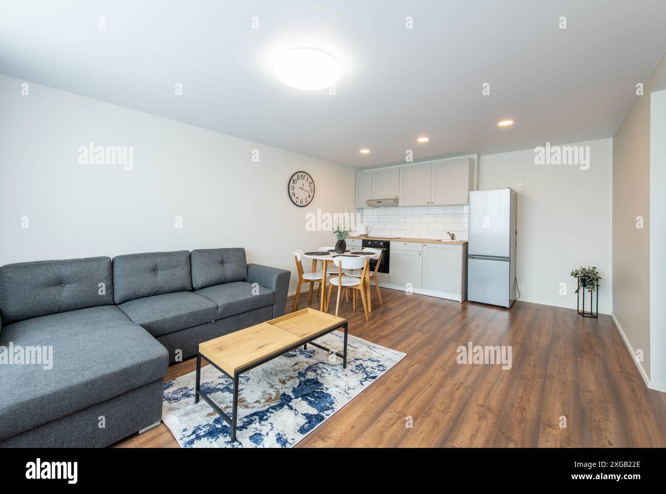 Moderno soggiorno e cucina interna. Lussuoso ed elegante appartamento moderno. Interni aperti, elegante divano, mobili bianchi, design scandinavo. Foto Stock