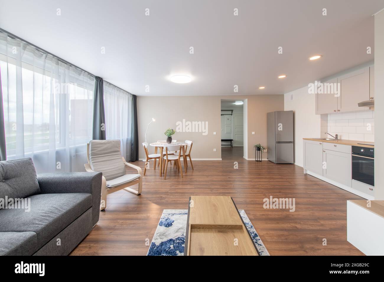 Moderno soggiorno e cucina interna. Lussuoso ed elegante appartamento moderno. Spazio aperto, elegante divano, mobili bianchi, design scandinavo Foto Stock