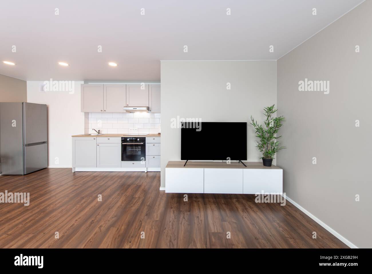 Moderno soggiorno e cucina interna. Lussuoso ed elegante appartamento moderno. Open Space, schermo TV, mobili bianchi, design scandinavo Foto Stock