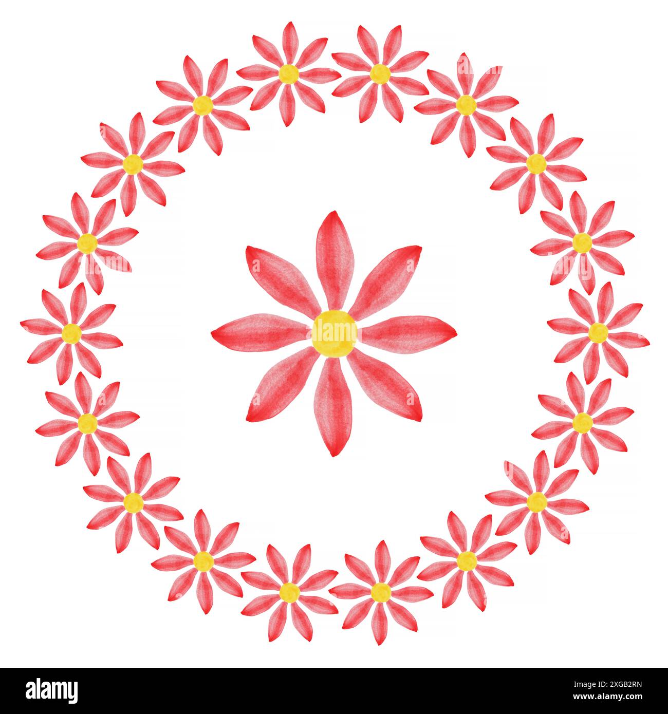 cornice rotonda in rosso con fiori gialli e fiore più grande al centro su sfondo bianco Foto Stock