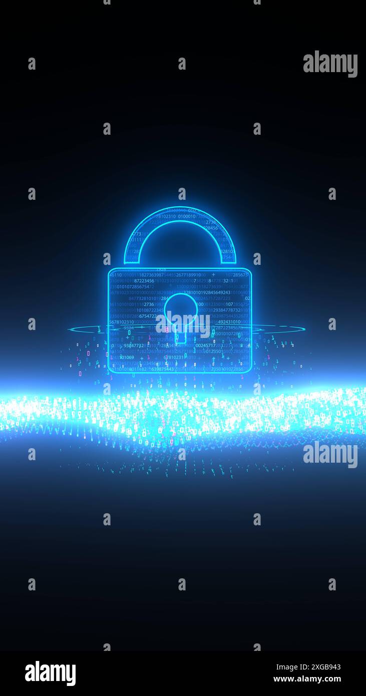 Concetto di sicurezza dei dati - illustrazione 3D. Illustrazione 3D verticale con blocco di sicurezza tra le onde di byte. Foto Stock