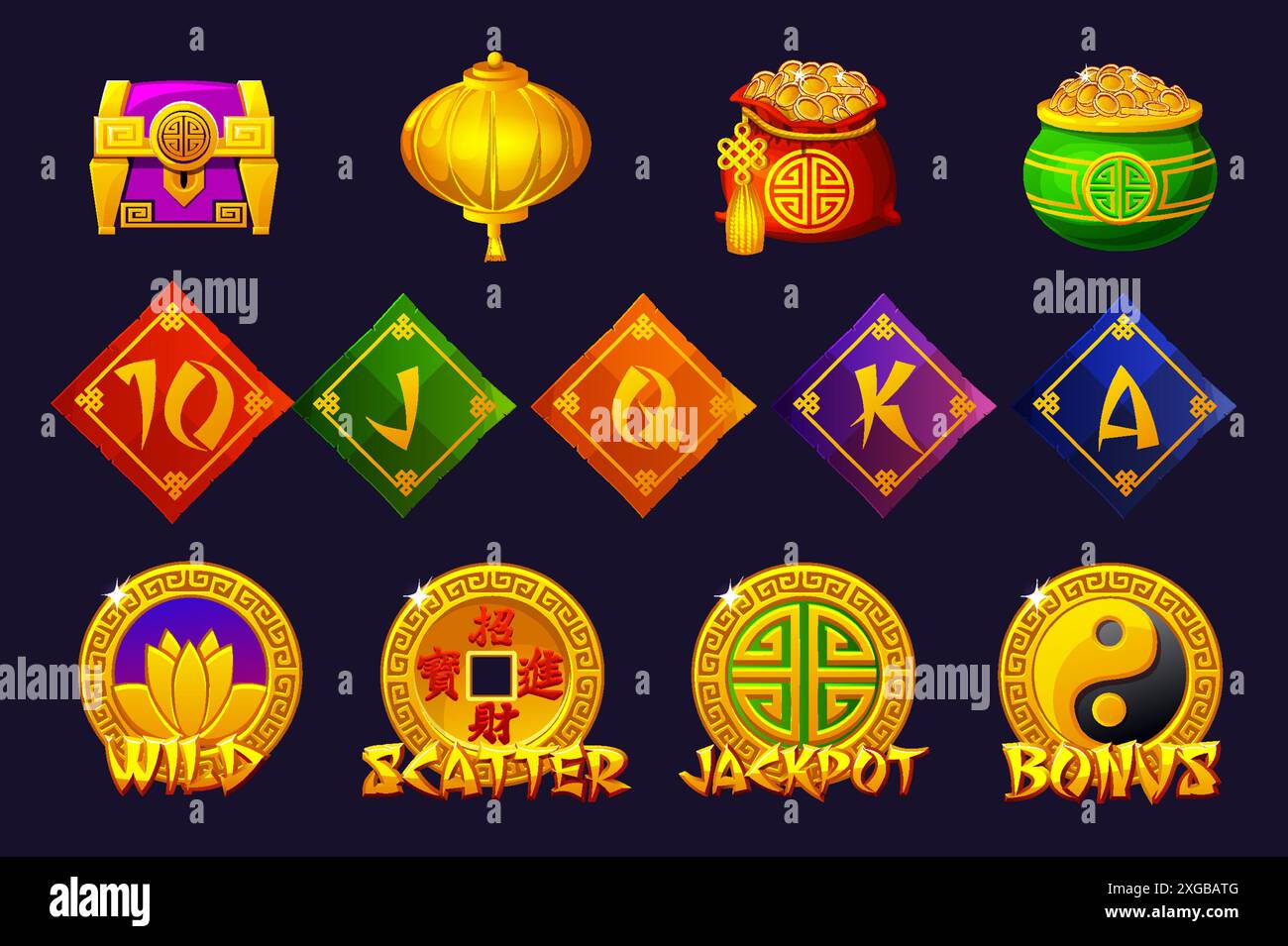 Set di simboli a tema cinese. Ecco i simboli jackpot, bonus, jolly e spargimento. Dodici icone cinesi per lo sviluppo del gioco Illustrazione Vettoriale
