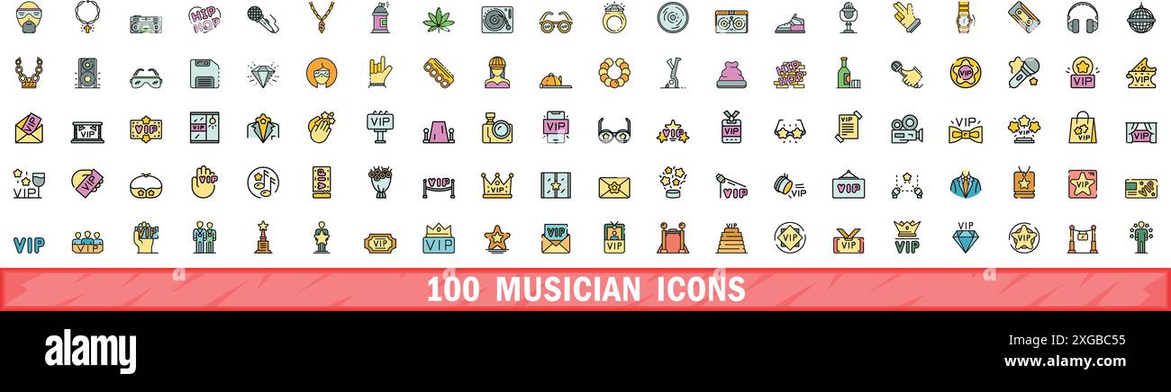 set di 100 icone dei musicisti. Set di linee cromatiche di icone vettoriali musicista linee sottili colore piatto su bianco Illustrazione Vettoriale