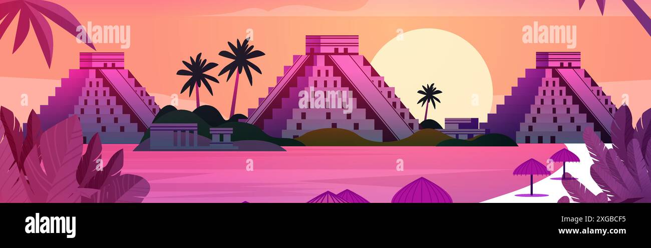 Antiche piramidi paesaggio tropicale tramonto palme rosa e arancio paesaggi esotici con fogliame e ombrelloni Illustrazione Vettoriale