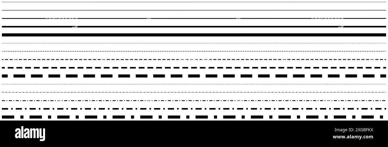 Linee di separazione nere dritte, linee semplici e tratteggiate, una serie di strisce da sottili a spesse. Isolato. Foto Stock