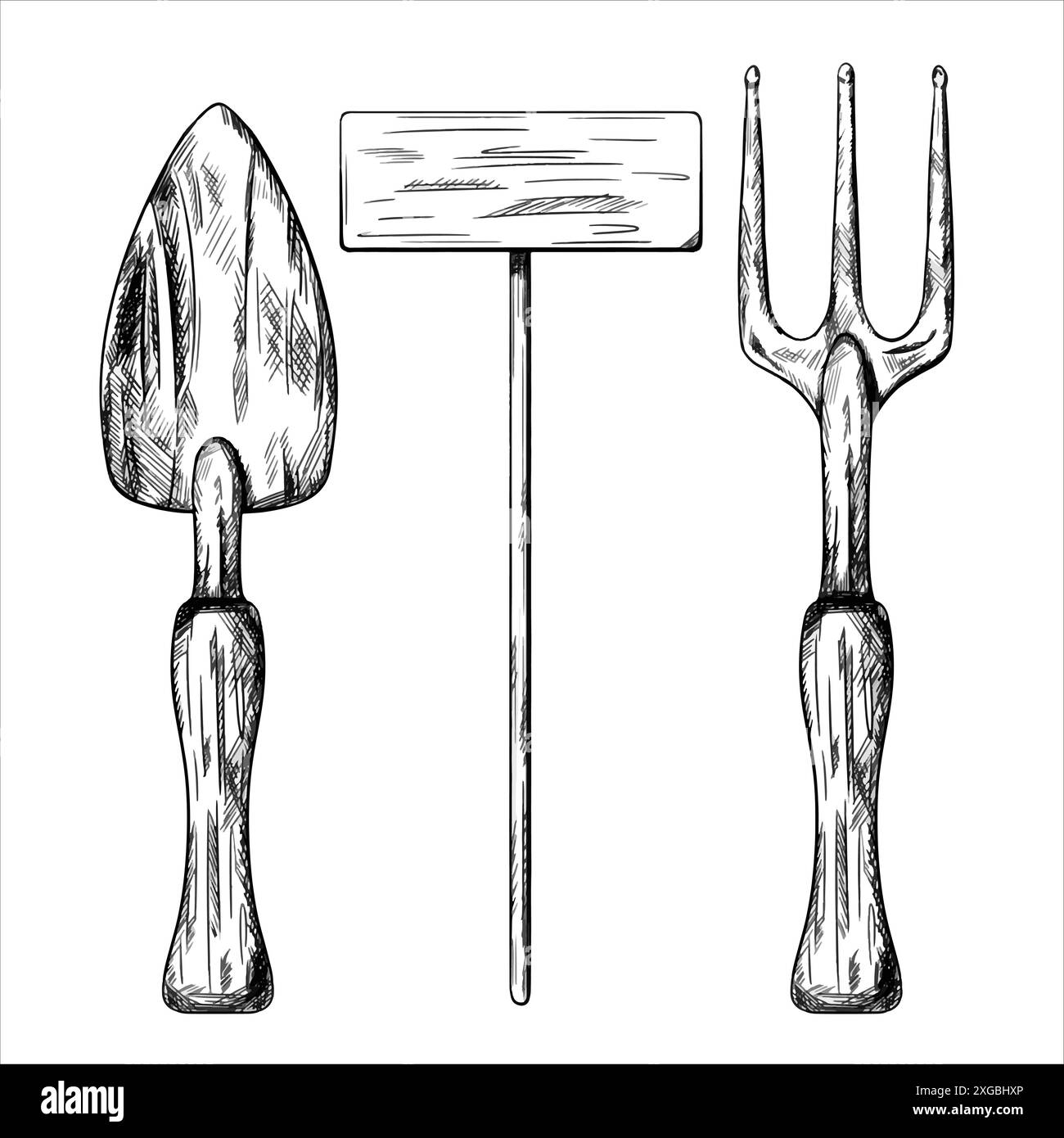 Un set di attrezzi da giardino rastrello, pala e piastra di riferimento. Attrezzature di un fiorista e di un agronomo per la coltivazione della terra, cura della fattoria. Illustrati vettoriali Illustrazione Vettoriale