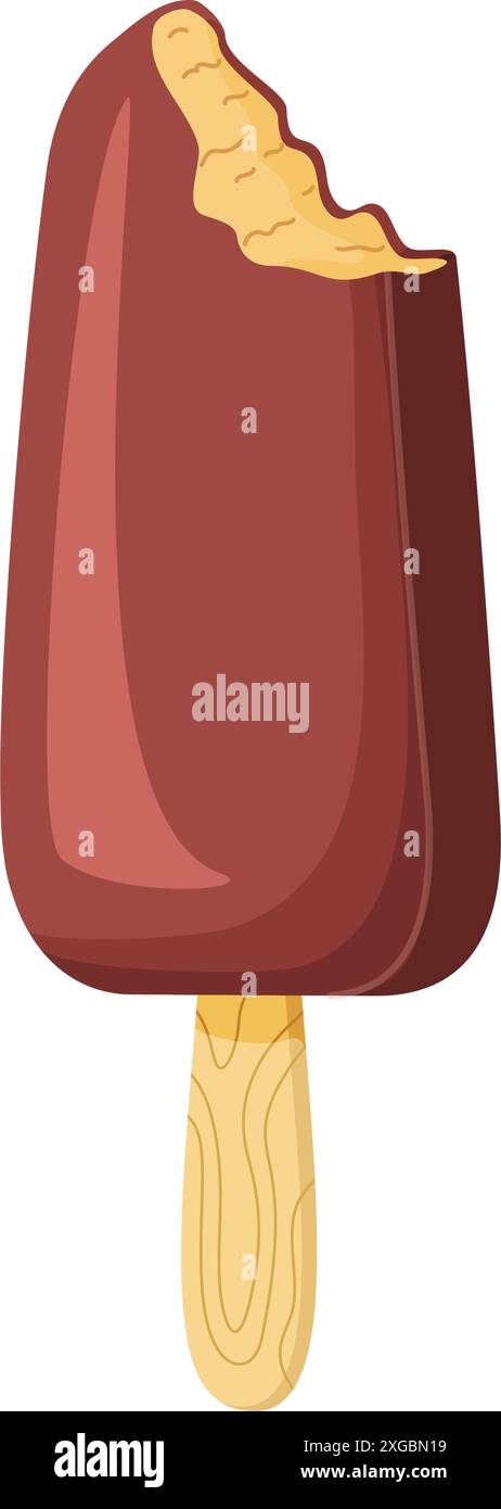 Mordere il gelato al cioccolato su un bastoncino. Dessert delizioso, dessert fresco e rinfrescante. Stile piatto disegnato a mano, aspetto allegro ed estivo, crema di cioccolato surgelata montata. Illustrazione vettoriale Illustrazione Vettoriale