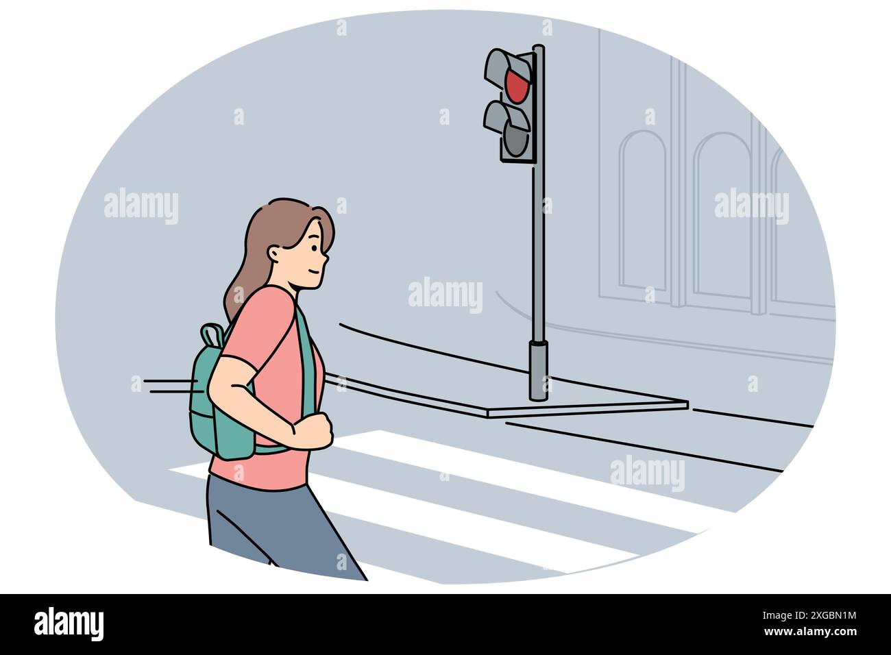 La donna pedonale attraversa la strada al semaforo rosso, mettendo a rischio la propria vita e la propria salute degli automobilisti. La ragazza dimostra mancanza di coscienza civica violando le regole quando attraversa la strada Illustrazione Vettoriale