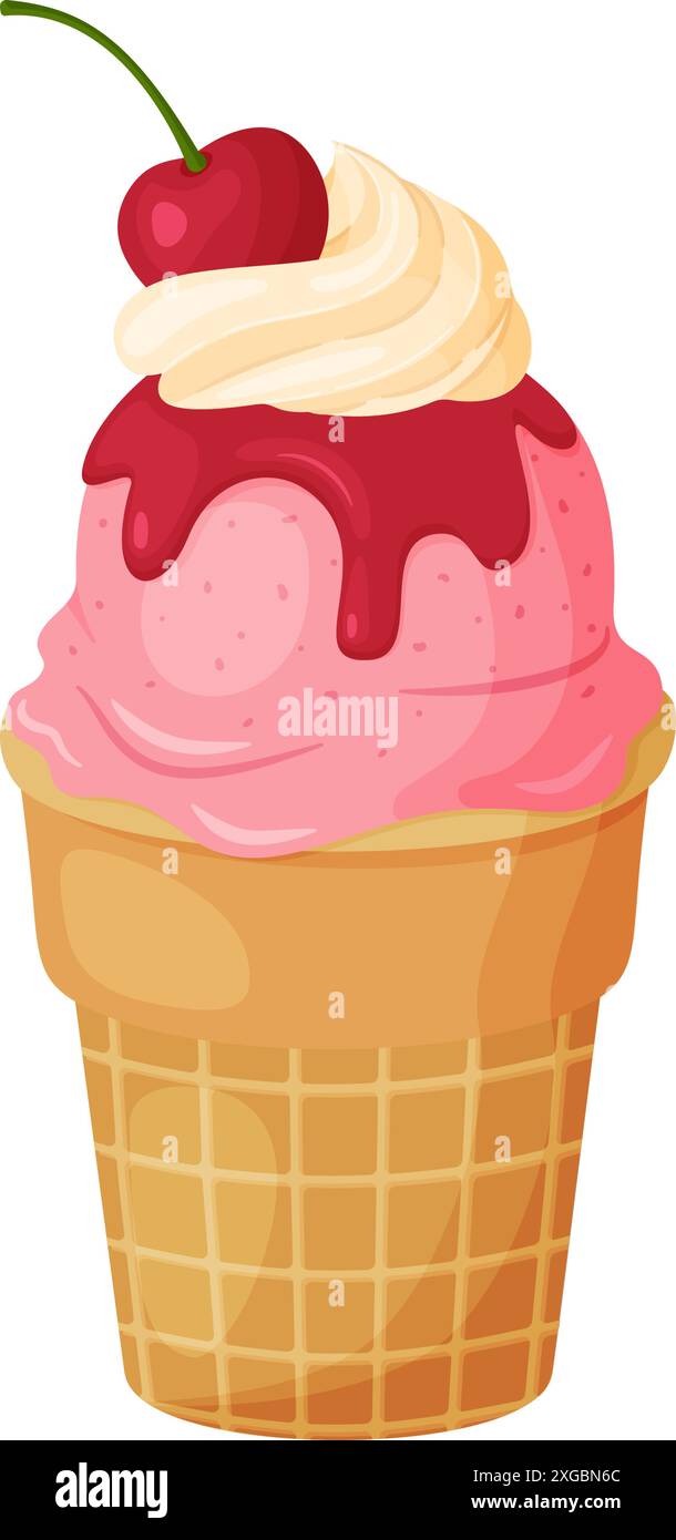 Gelato alla ciliegia con panna montata e sciroppo in tazza per waffle. Bacche mature dessert rinfrescante fresco disegnato a mano stile piatto isolato dall'aspetto allegro e estivo. Illustrazione vettoriale Illustrazione Vettoriale