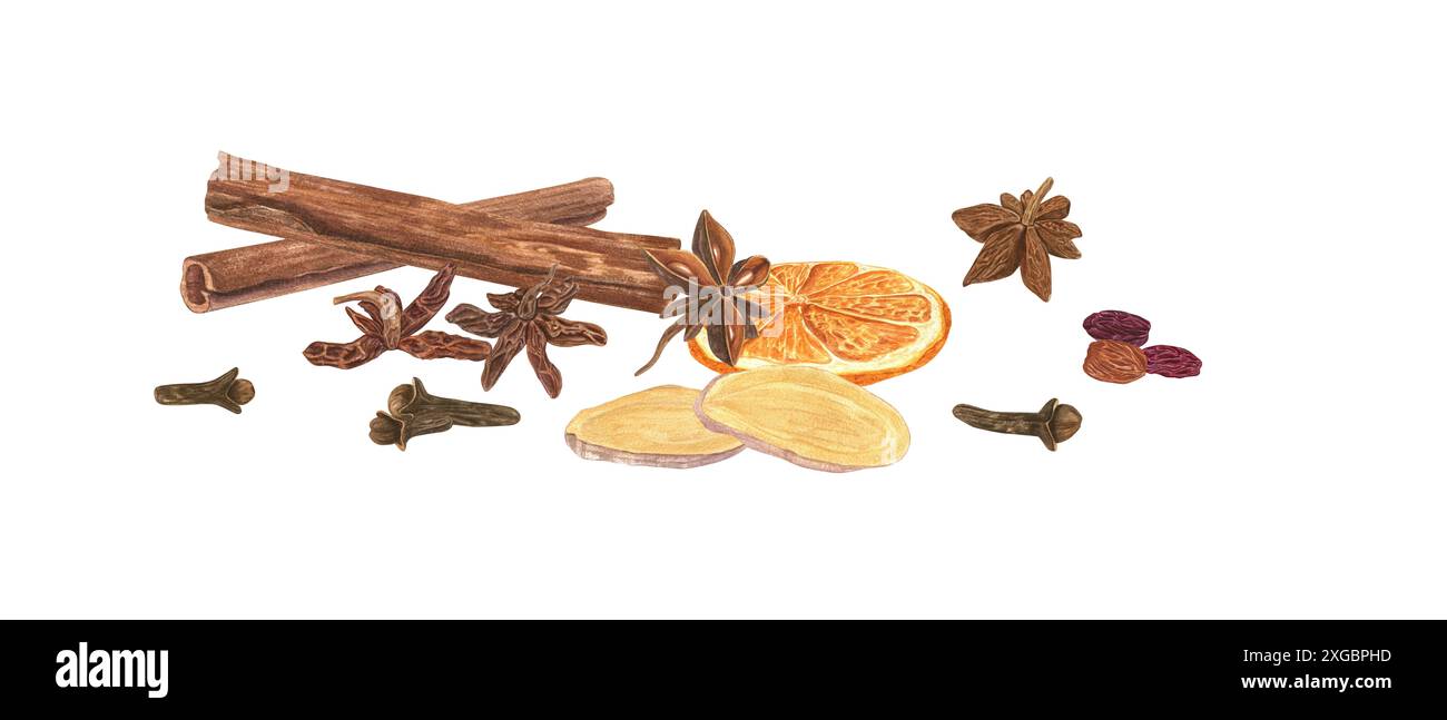 Miscela di spezie natalizie ed erbe aromatiche. Bastoncini di cannella, fetta di zenzero fresco, anice stellato, uvetta, fette di arancia secca e chiodi di garofano. Foto Stock