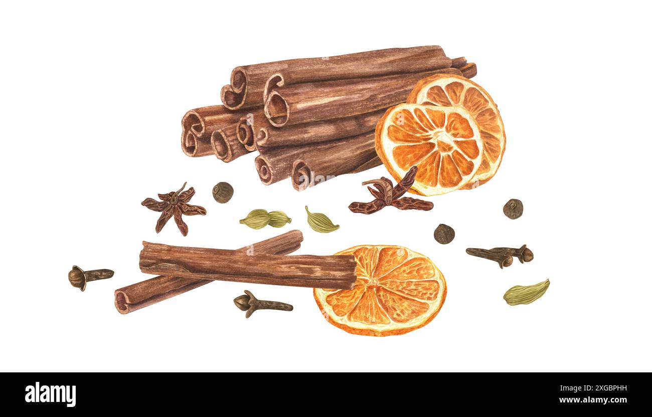 Un mucchio di spezie invernali aromatiche per preparare bevande e cuocere. Bastoncini di cannella, fette di arancia secca, cardamomo, anice, spezie e chiodi di garofano. Foto Stock