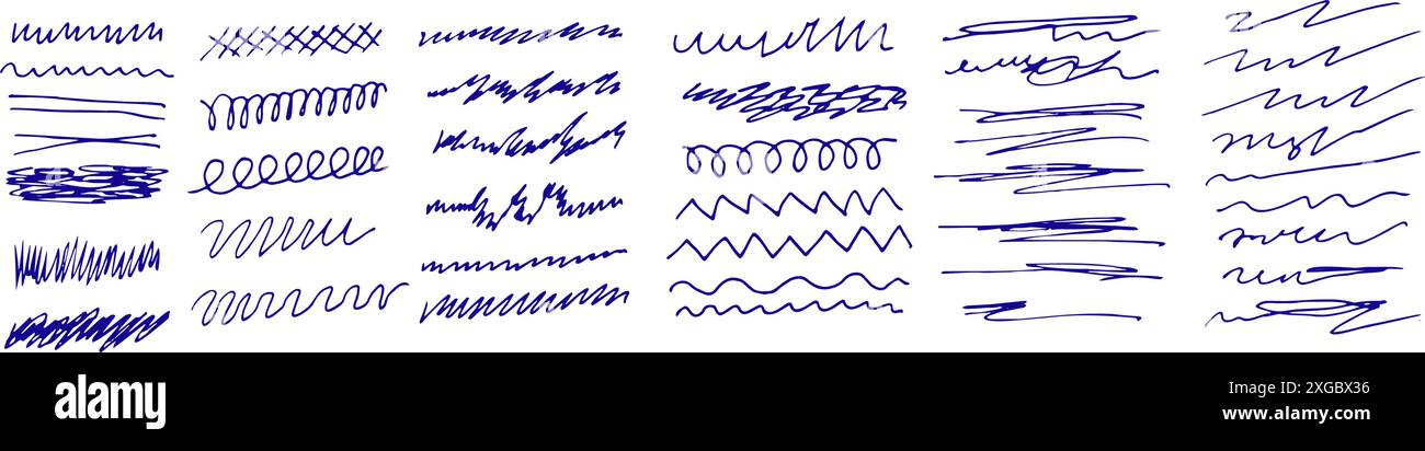 Tracciati e schizzi, set di linee di demarcazione. Segno di graffio astratto disegnato a mano sulla matita per il tuo design. Illustrazione vettoriale Illustrazione Vettoriale