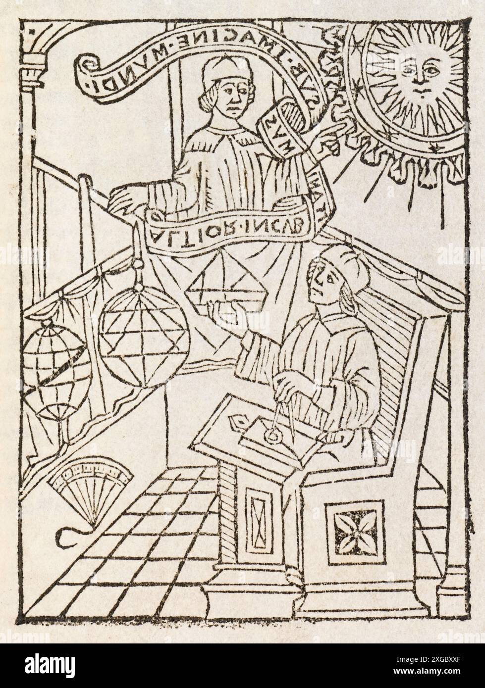 Astronomo medievale che usa la bussola sotto il motto «Altior incubuit animus sub Imagine mundi» [l'anima superiore incubata sotto l'immagine del mondo] Stampa seicentesca su legno da «Tabula christianae religionis» pubblicata nel 1513. Crediti: Collezione privata / AF fotografie Foto Stock
