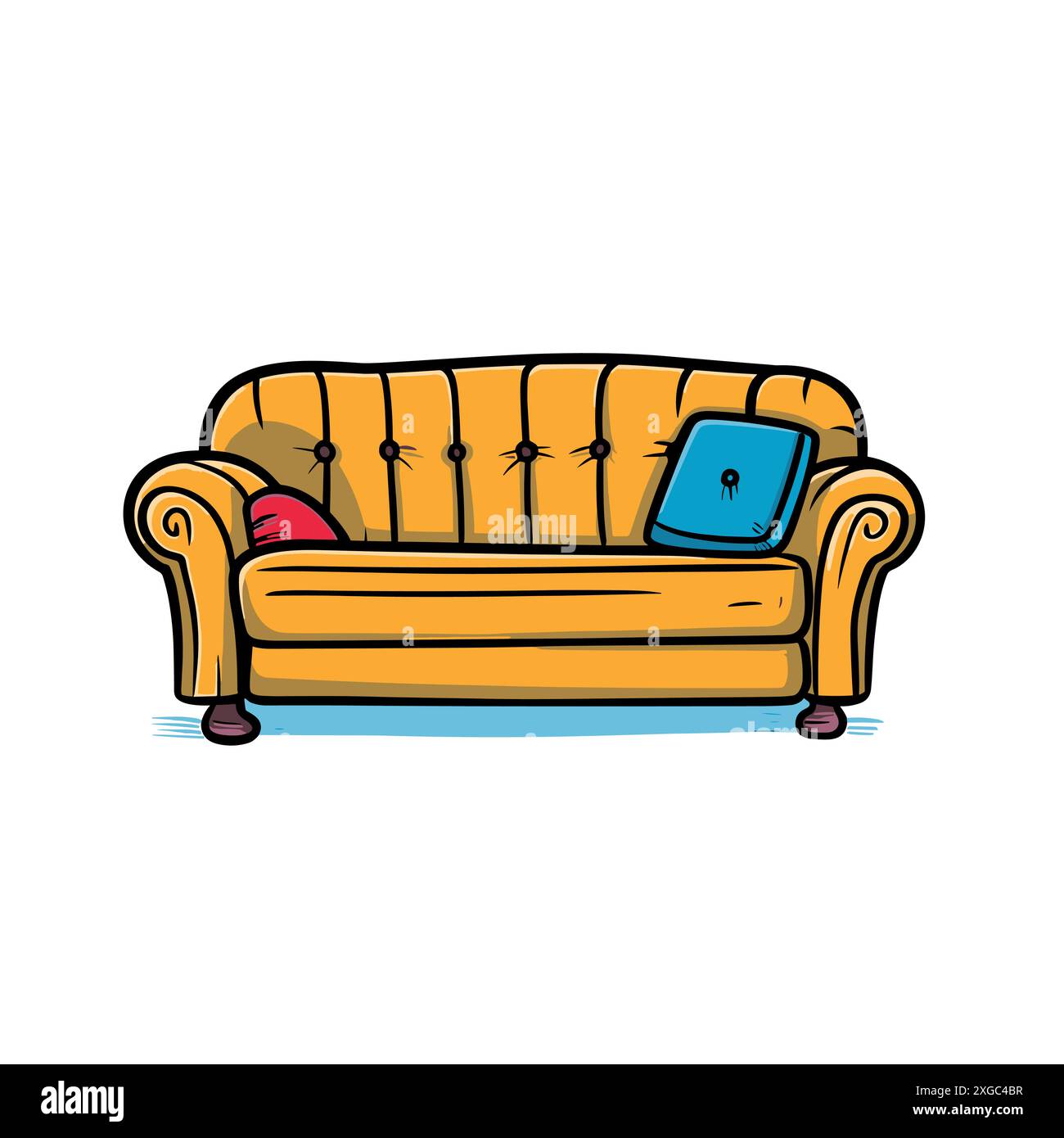 Illustrazione del cartone animato del divano giallo con cuscini blu e rossi Illustrazione Vettoriale