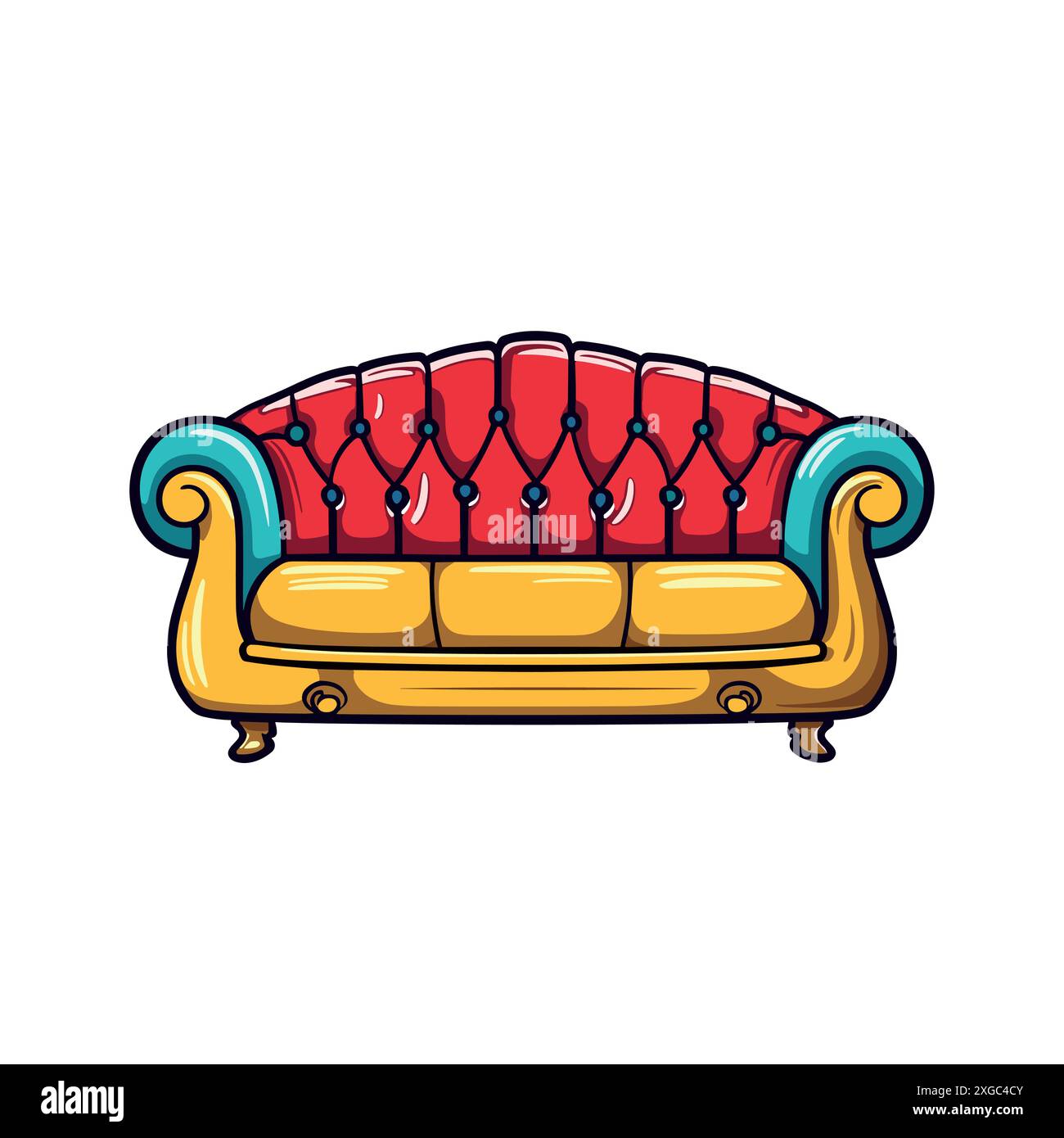 Illustrazione colorata del divano vintage con cuscini gialli e braccioli blu Illustrazione Vettoriale