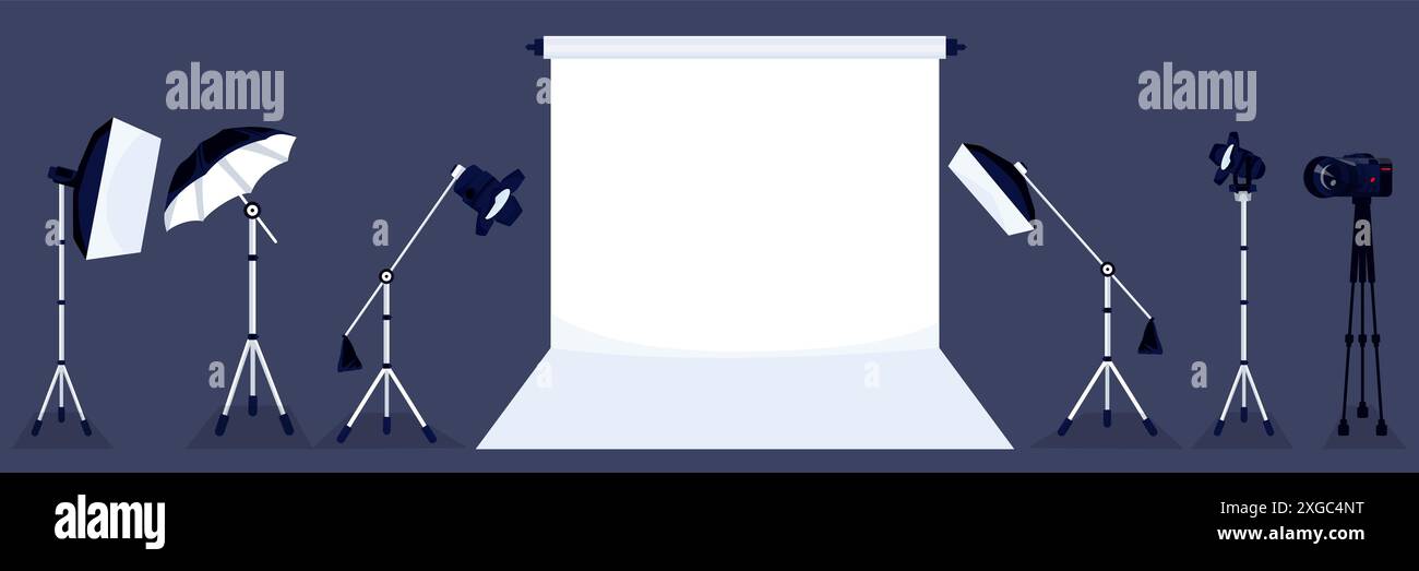 Set di attrezzature per studi fotografici. Illustrazione di un cartone animato piatto vettoriale. Sfondo bianco, faretto, lampada di luce professionale, fotocamera su oggetti isolati con treppiede Illustrazione Vettoriale