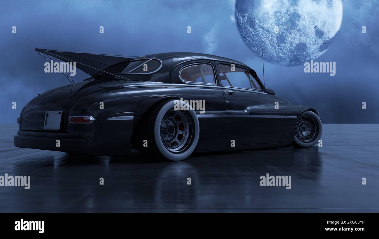 una street cruiser nera in stile retrò davanti al cielo blu scuro con una luna piena Foto Stock