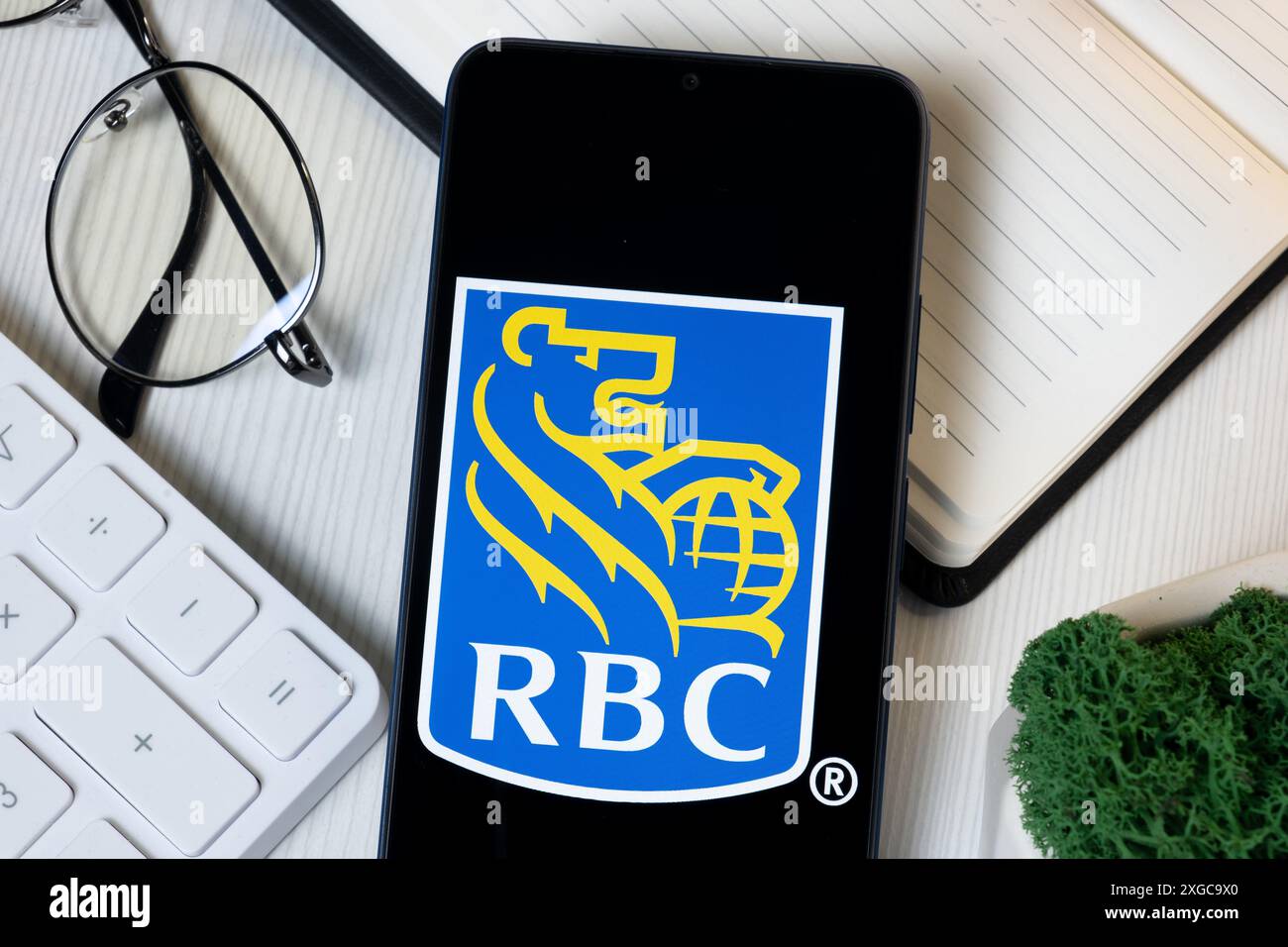 New York, USA - 11 giugno 2024: Logo Royal Bank of Canada sullo schermo del telefono, icona RBC Company. Foto Stock