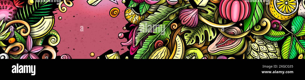 Sfondo banner Cartoon Vector Doodle Tropical Fruits. Divertente cibo naturale illustrazione colorata. Illustrazione Vettoriale
