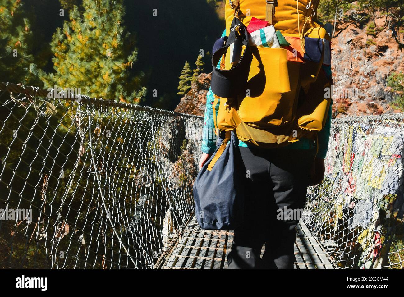 Una giovane escursionista con zaino trasporta rifiuti di plastica raccolti in borsa in natura all'aperto. Sistema di rimozione dei rifiuti. Riportami compagnia Foto Stock