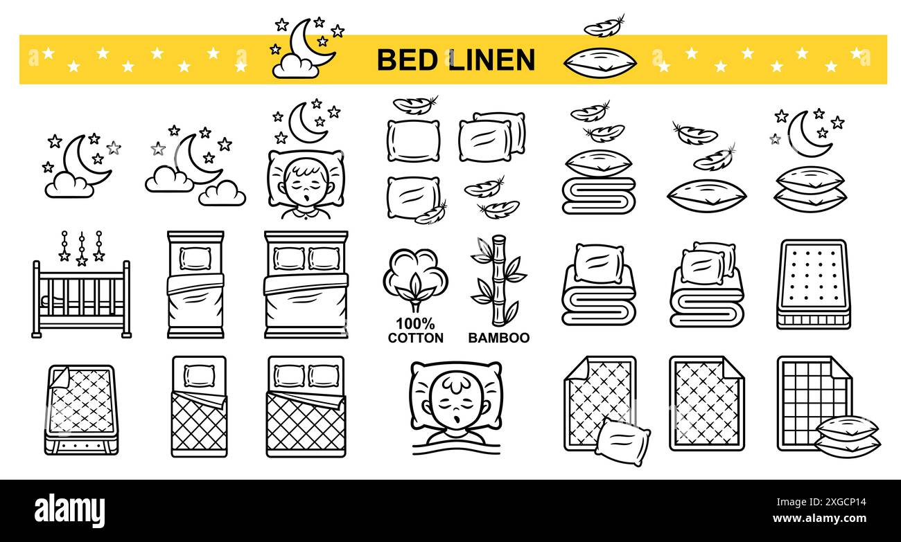 Biancheria da letto, biancheria da letto, piumone, cuscino in piuma, set di icone della linea di mobili da camera. Biancheria da letto, culla, materasso per dormire. Vettore Illustrazione Vettoriale