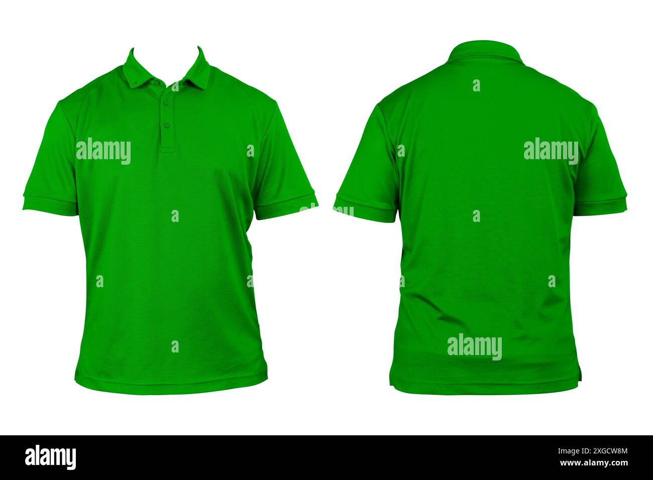 Abbigliamento bianco per design. Polo verde, abbigliamento su sfondo bianco isolato vista frontale e posteriore, bianco isolato, t-shirt semplice. Mockup. Scheda Stampa Foto Stock