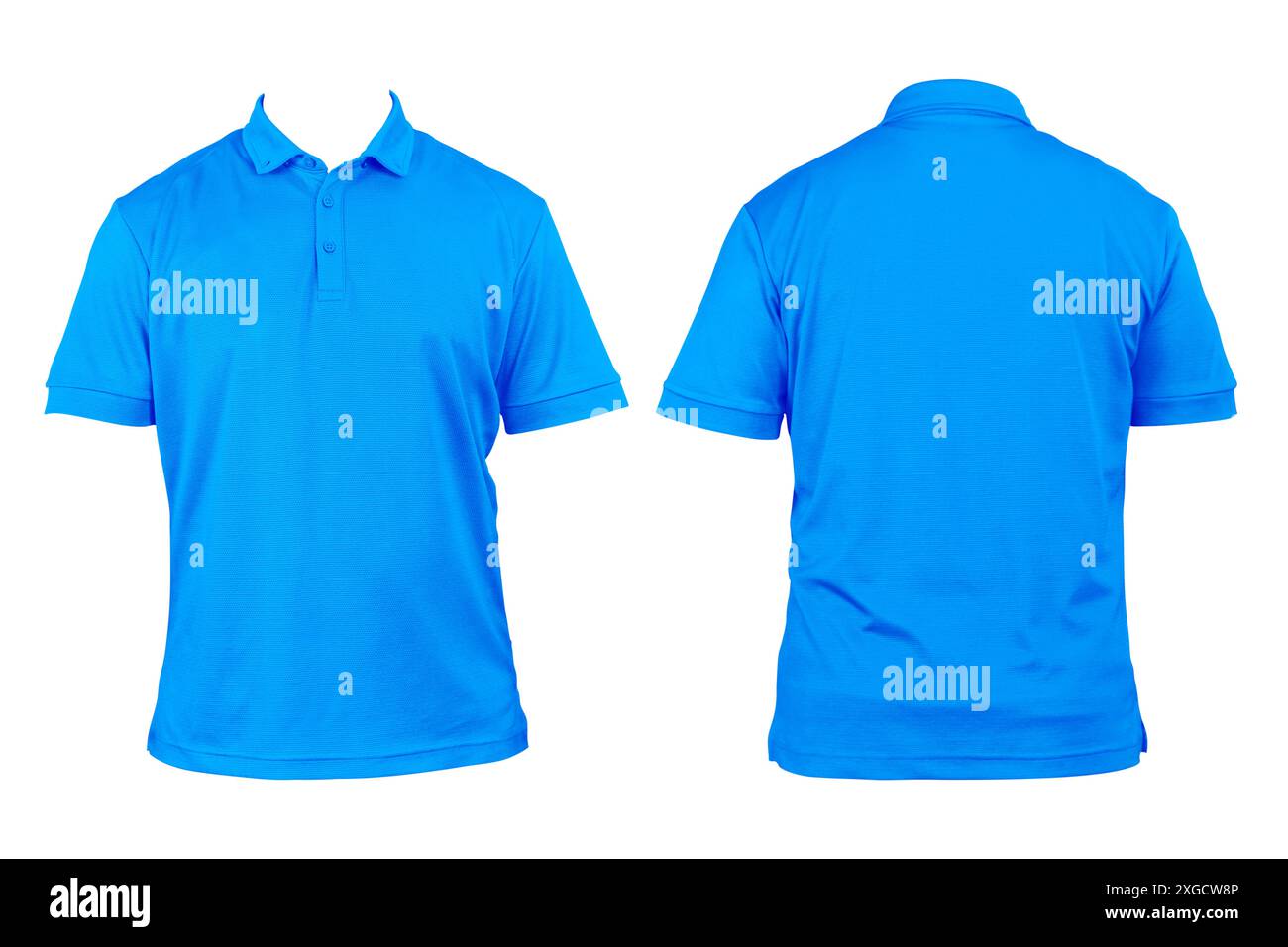 Abbigliamento bianco per design. Polo blu chiaro, abbigliamento su sfondo bianco isolato, vista frontale e posteriore, bianco isolato. Mockup. Polo stampabile S Foto Stock