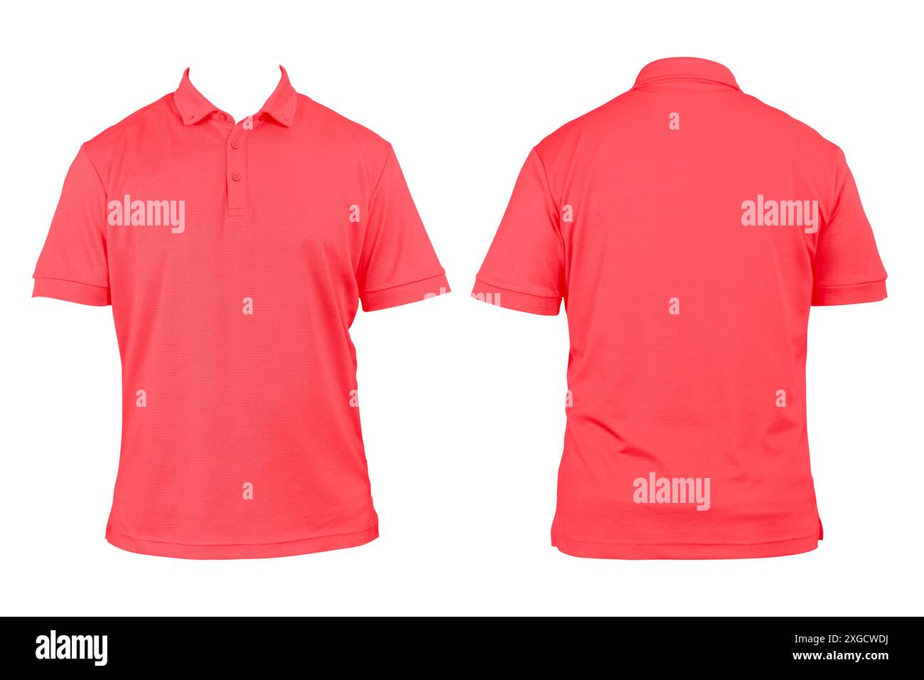 Abbigliamento bianco per design. Polo rossa, abbigliamento su sfondo bianco isolato, vista frontale e posteriore, nero isolato, t-shirt normale. Mockup. Printabl Foto Stock
